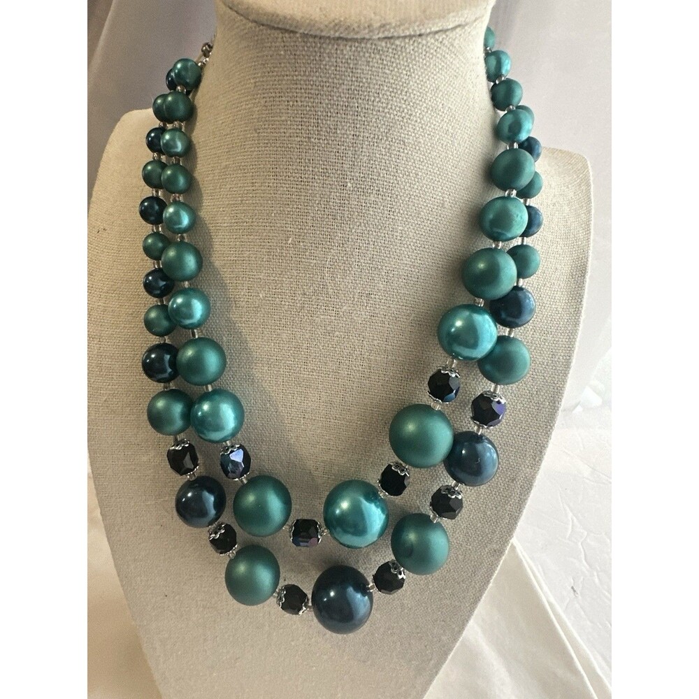 Vintage Japan Glass Bead Necklace Teal Green Black Double Strand 18”